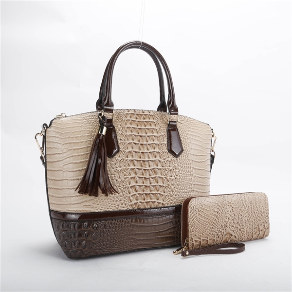 Women's Beige/Dark Chocolate Faux Alligator Skin & Faux Leather Satchel Handbag Set