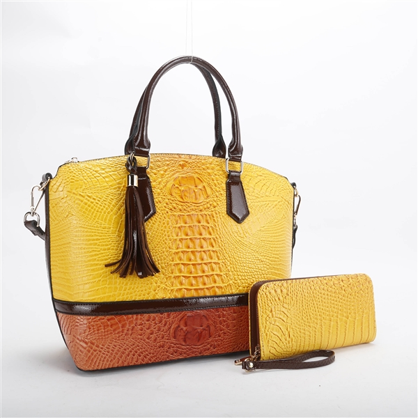 Women's Yellow/Orange Faux Alligator Skin & Faux Leather Satchel Handbag Set