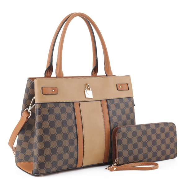 Classic Light Brown & Tan Faux Leather Checkered Pattern Satchel Set