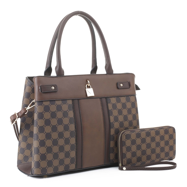 Classic Coffee Faux Leather Checkered Pattern Satchel Set