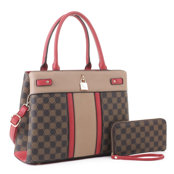 Classic Coffee Faux Leather Checkered Pattern Satchel Set