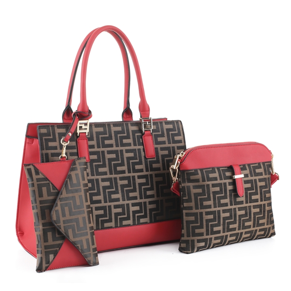 Trendy Primitive Red Faux Leather Coffee Nylon Canvas Satchel Set