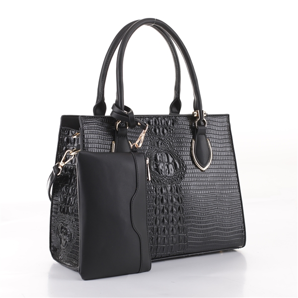 Stylish & Sophisticated Black Faux Alligator Skin Satchel Shoulder Handbag Set