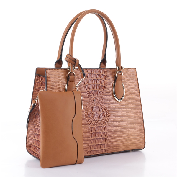 Stylish & Sophisticated Brown Faux Alligator Skin Satchel Shoulder Handbag Set