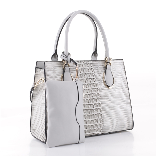 Stylish & Sophisticated Light Gray Faux Alligator Skin Satchel Shoulder Handbag Set