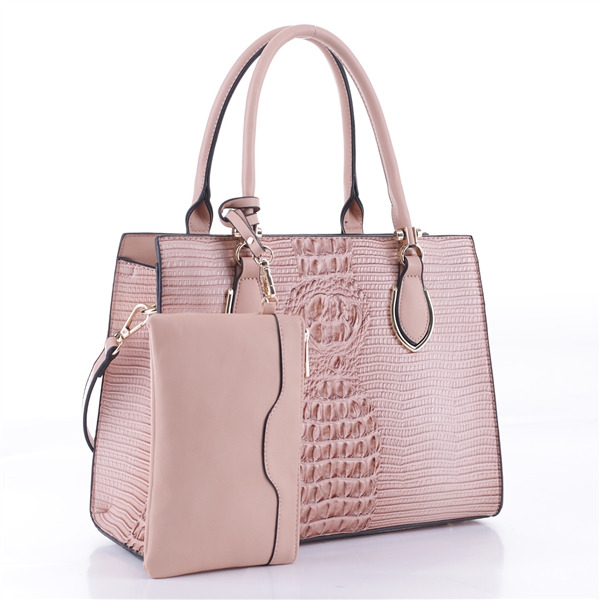 Stylish & Sophisticated Light Pink Faux Alligator Skin Satchel Shoulder Handbag Set