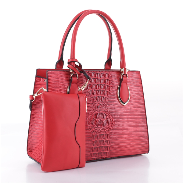 Stylish & Sophisticated Red Faux Alligator Skin Satchel Shoulder Handbag Set