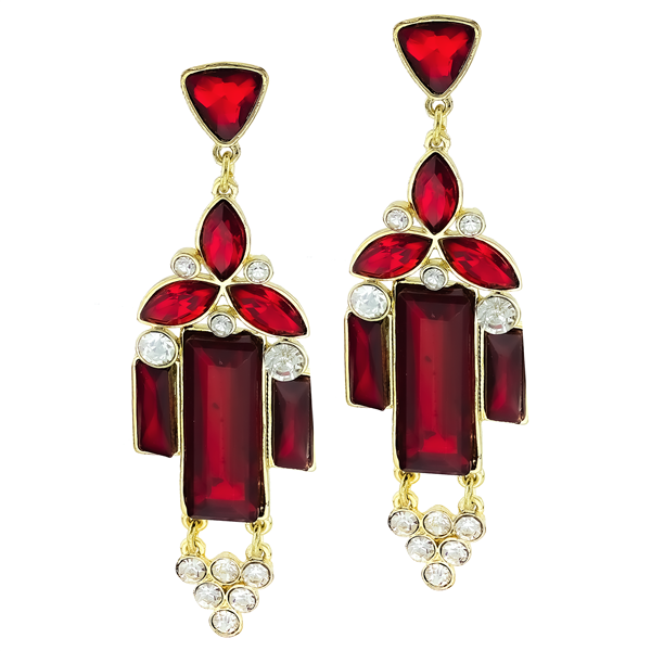 Sparkling Clear & Red Crystal Gold Stud Dangle Earrings