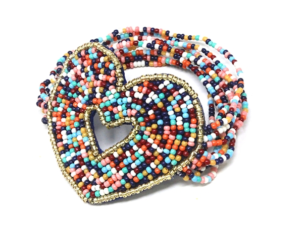 Colorful Multi-Colored Rainbow Pattern with Gold Seed Bead Outline Round Seed Bead Stretch Bracelet