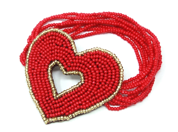 Bright Red with Gold Seed Bead Outline Round Seed Bead Stretch Bracelet