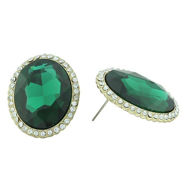Stunning Sparkling Oval Crystal Emerald Stone Gold-Toned Stud Earrings