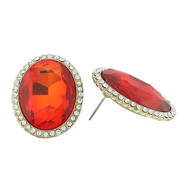 Stunning Sparkling Oval Crystal Red-Orange Stone Gold-Toned Stud Earrings