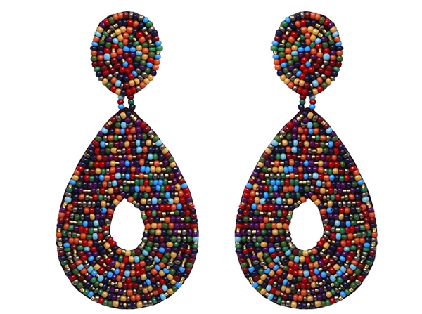 Dark Multi-Colored Tear Drop Seed Bead Dangle Stud Earrings