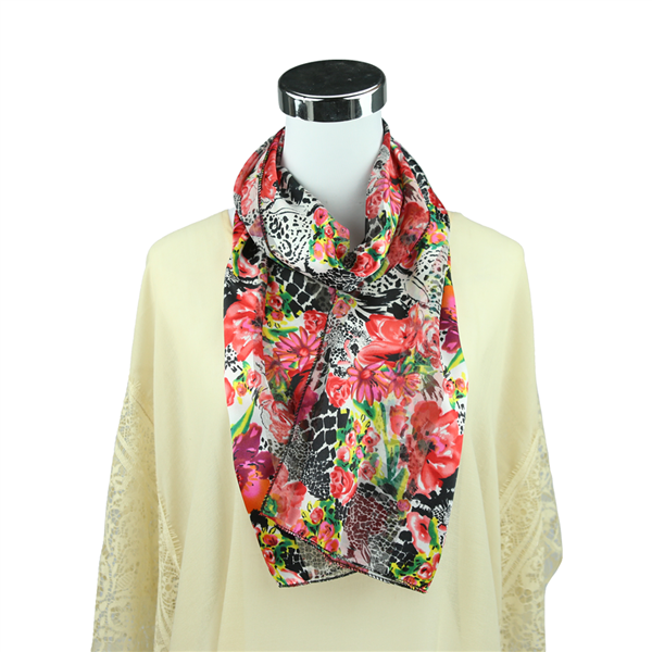 Colorful Floral & Animal Collage Pattern Printed White Silk Scarf