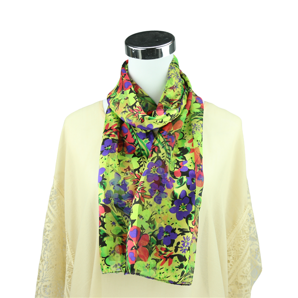 Colorful Floral Pattern Printed Lime Green Silk Scarf