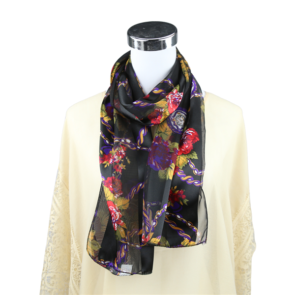 Colorful Floral Pocket Watch Print Black Silk Scarf