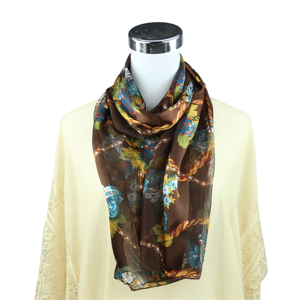 Colorful Floral Pocket Watch Print Brown Silk Scarf