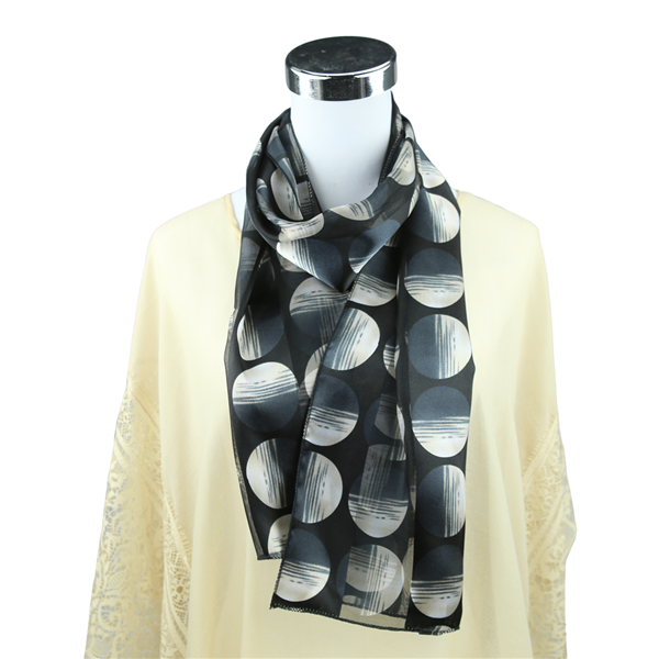 Chic White Gradient Circle Print Black Silk Scarf