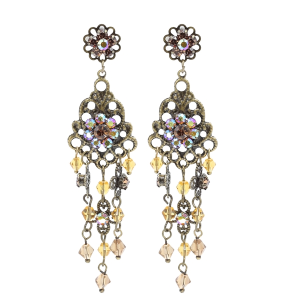 Fashion Sparkling Topaz, Light Iridescent Crystals, & Faceted Translucent Beads Bronze Toned Post-Backing Dangle Earrings