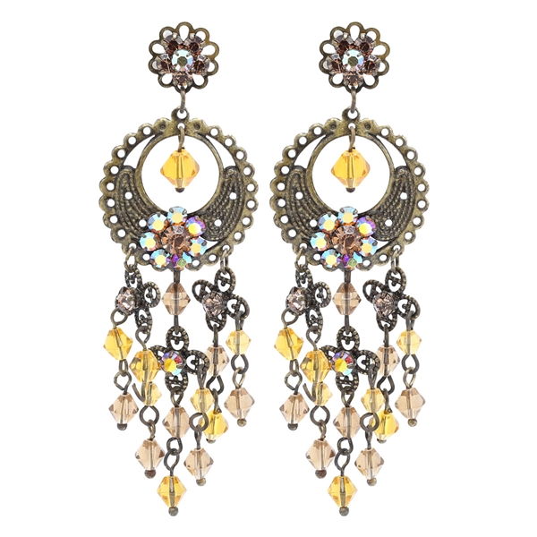 Fashion Sparkling Topaz, Light Iridescent Crystals, & Faceted Translucent Beads Bronze Toned Post-Backing Dangle Earrings