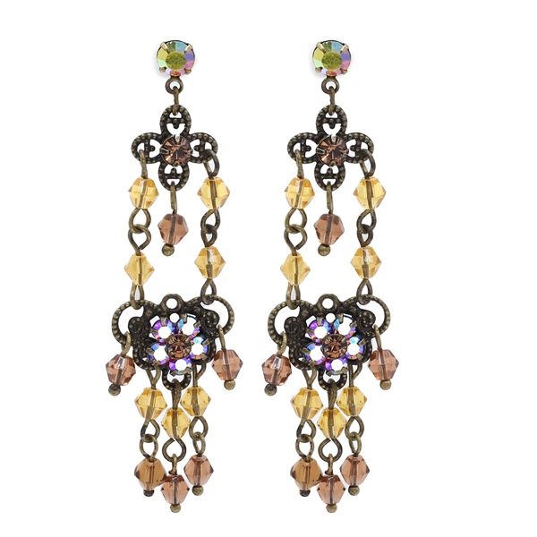 Fashion Sparkling Topaz, Light Iridescent Crystals, & Faceted Translucent Beads Bronze Toned Post-Backing Dangle Earrings