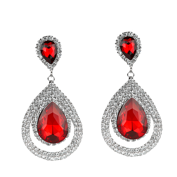 Red Stone Double Teardrop Stud Dangle Earrings