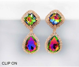 Fashion Sparkling Dark Iridescent Crystal Gold Toned Clip On Earrings