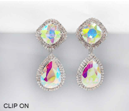 Fashion Sparkling Iridescent Crystal Silver Toned Clip On Earrings