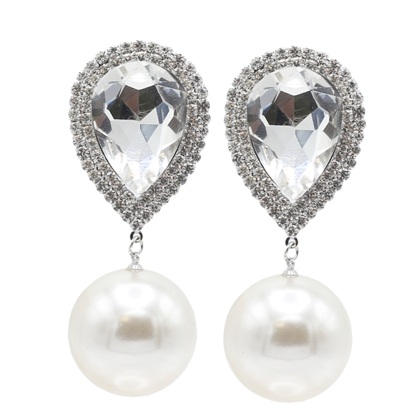 Fashion Sparkling Diamond Crystal, Diamond Crystal, Pearl Silver Toned Clip On Earrings