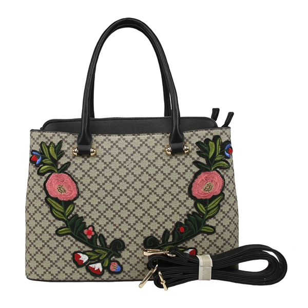 Black Embroidered Rose Print Tote