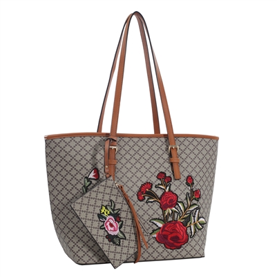 Brown Embroidered Rose Print Tote