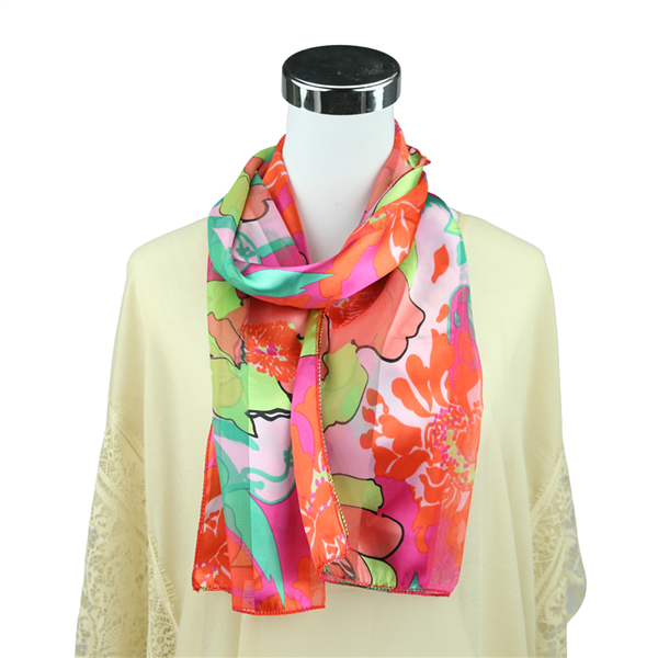 Pop of Colorful Blue, Green & Pink Floral Pattern Printed Pink Silk Scarf