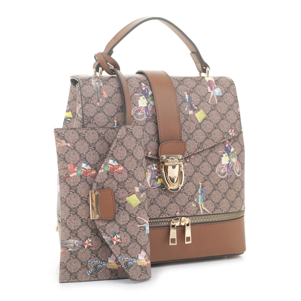 Stylish Unique Brown Patterned Design & Brown Faux Leather Fashion Satchel Backpack