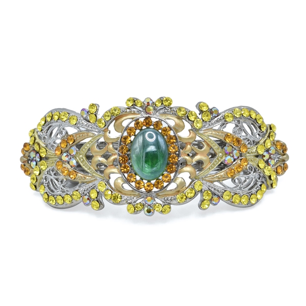 Sparkling Colored Crystals & Green Stone Silver Toned Arched Bohemian Barrette