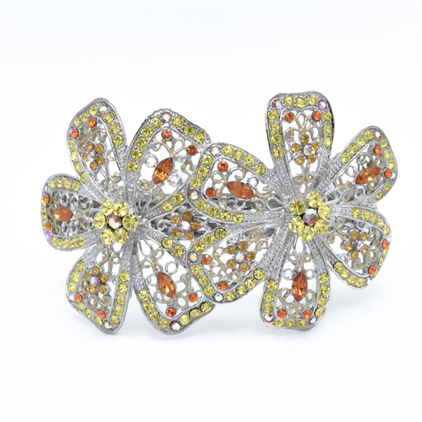 Sparkling Yellow & Orange Crystals Silver Toned Double Flower Barrette
