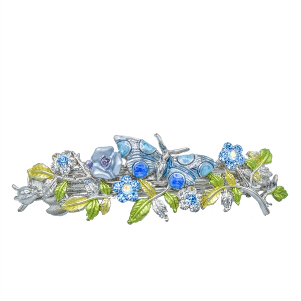 Sparkling Colored Crystals Silver Toned Arched Flower & Butterfly Barrette