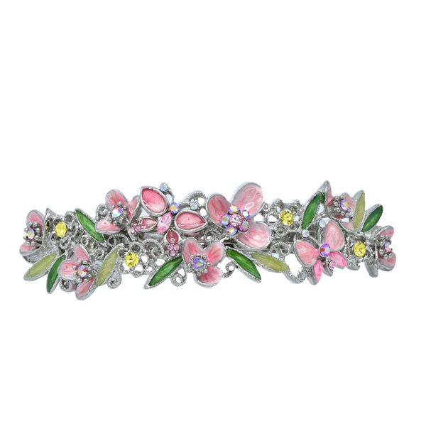 Sparkling Colored Crystals Silver Toned Arched Flower & Butterfly Barrette