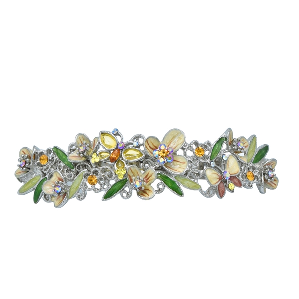 Sparkling Colored Crystals Silver Toned Arched Flower & Butterfly Barrette