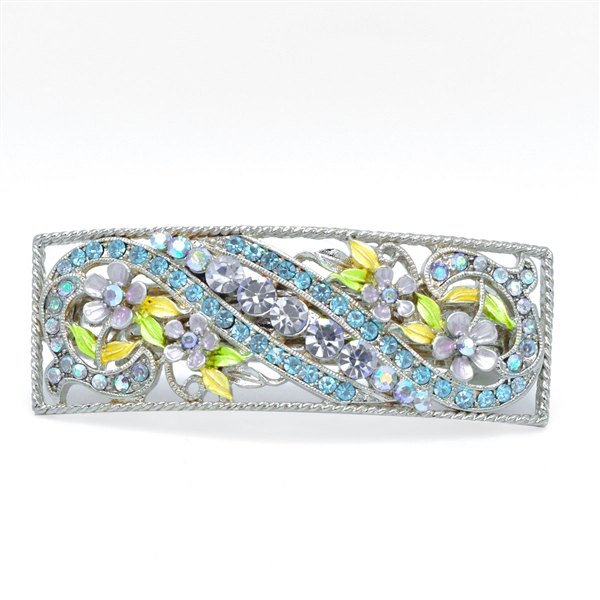 Sparkling Aquamarine, Light Sapphire & Iridescent Sapphire Crystals Arched Decorative Floral Design Silver Toned Barrette