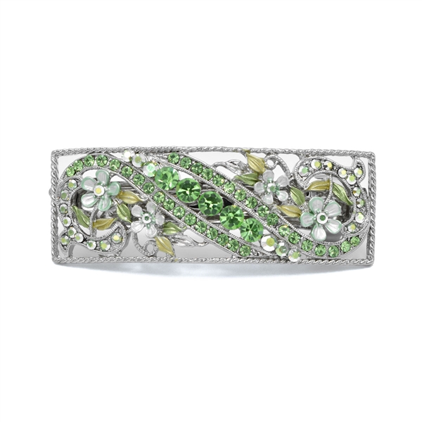 Sparkling Peridot & Iridescent Peridot Crystals Arched Decorative Floral Design Silver Toned Barrette