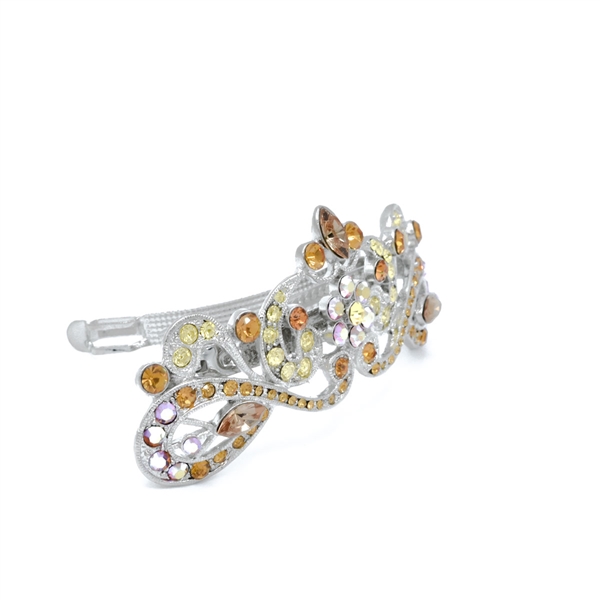 Sparkling Topaz, Jonquil & Iridescent Crystals Arched Decorative Floral Tiara Design Silver Toned Barrette