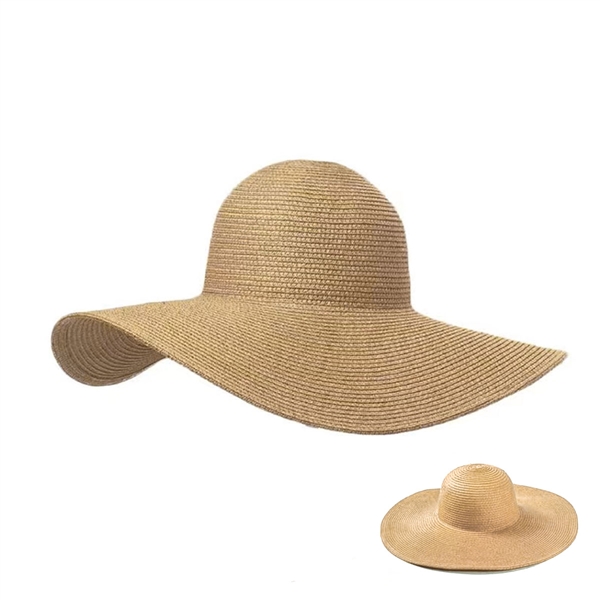 Fashion Solid Khaki Packable Sun & Beach Wide Brim Paper Straw Floppy Hat