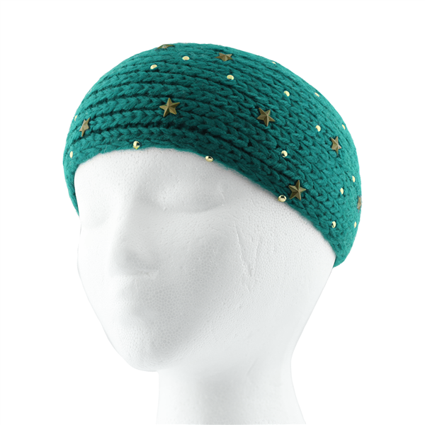 Bronze Colored Star & Bead Sequins on Teal Acrylic Soft Winter Headband Ear Warmer