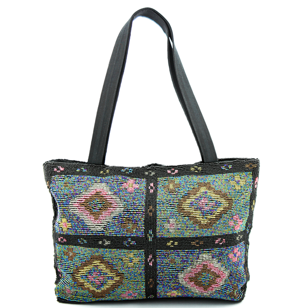 Decorative Colorful Diamond Design All-Over Seed Bead Black Satchel Tote Handbag