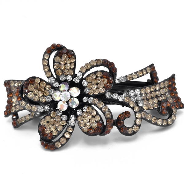 Sparkling Mocca, Light Topaz & Iridescent Crystals Arched Flower Design Black Toned Barrette