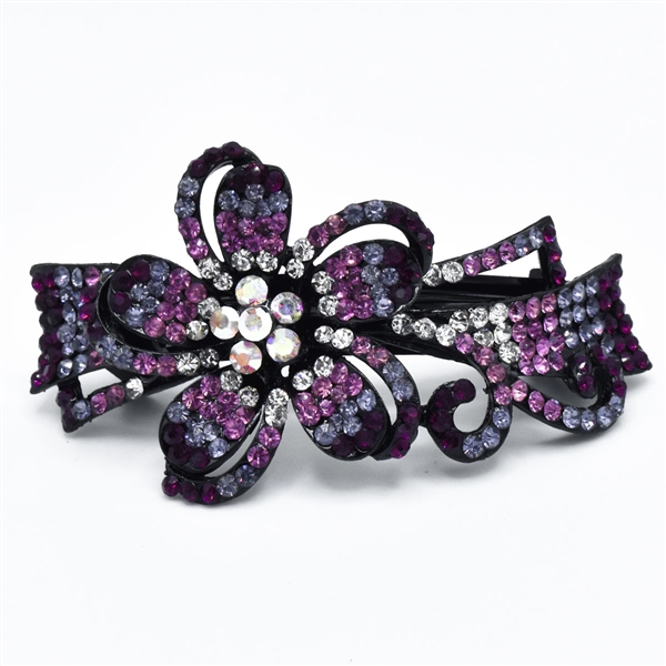 Sparkling Amethyst, Light Amethyst, Fuchsia, Diamond & Iridescent Crystals Arched Flower Design Black Toned Barrette