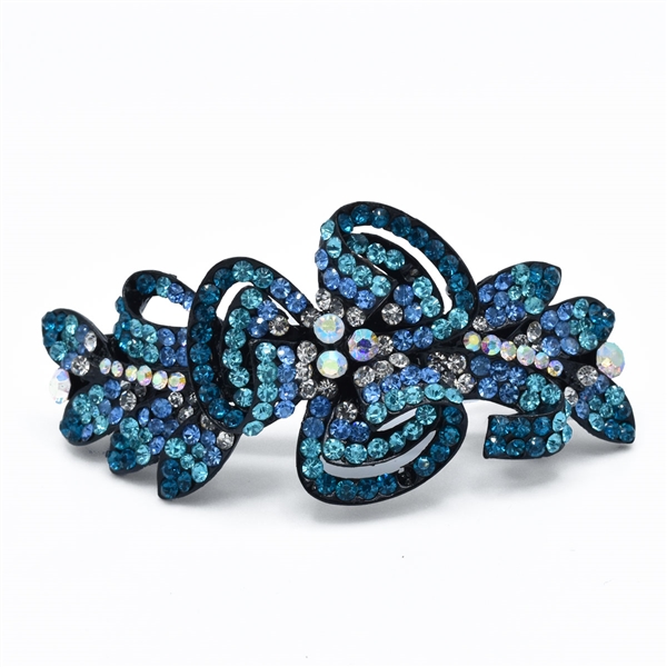 Sparkling Capri Blue, Light Sapphire, Aquamarine, Diamond & Iridescent Crystals Clover Flower Black Toned Barrette