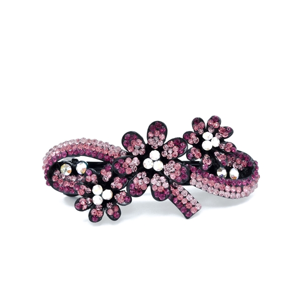 Sparkling Light Rose, Rose, Fuchsia & Iridescent Crystal Triple Flower Black Toned Barrette