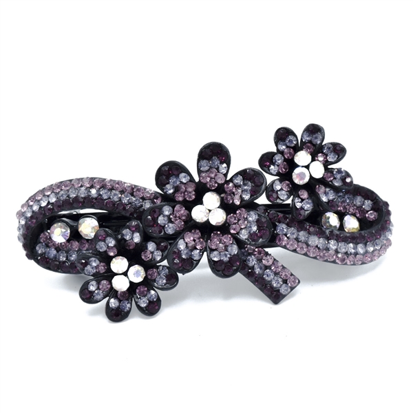 Sparkling Light Amethyst, Amethyst, Tanzanite & Iridescent Crystal Triple Flower Black Toned Barrette