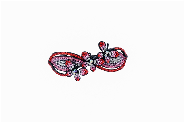 Sparkling Siam, Rose, Light Rose, Diamond & Iridescent Crystal Triple Butterfly Black Toned Barrette